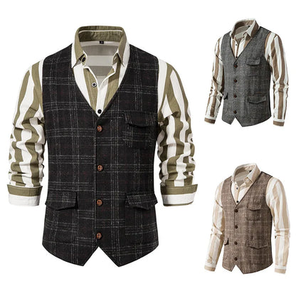 sanyamk Men's Suit Vest Single Breasted Retro Tweed Amikaki Plaid Business Daily Casual Vest