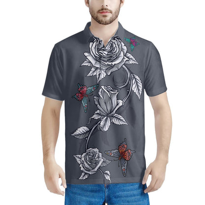 sanyamk Gothic Rose Pattern 2022 Summer Casual Polo Shirt Men Short Sleeve Turn Down Collar Slim Fit Holiday Beach Party Eye-catching