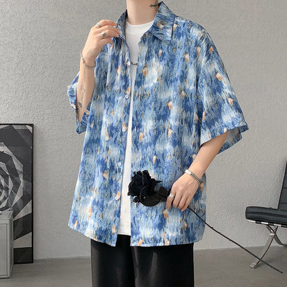 sanyamk Men Ice Silk Smooth Shirt Spring Summer Thin Luxury Loose Korean Casual Shirt Beach Trendy Floral Draping Shirts Plus Size 5XL-M