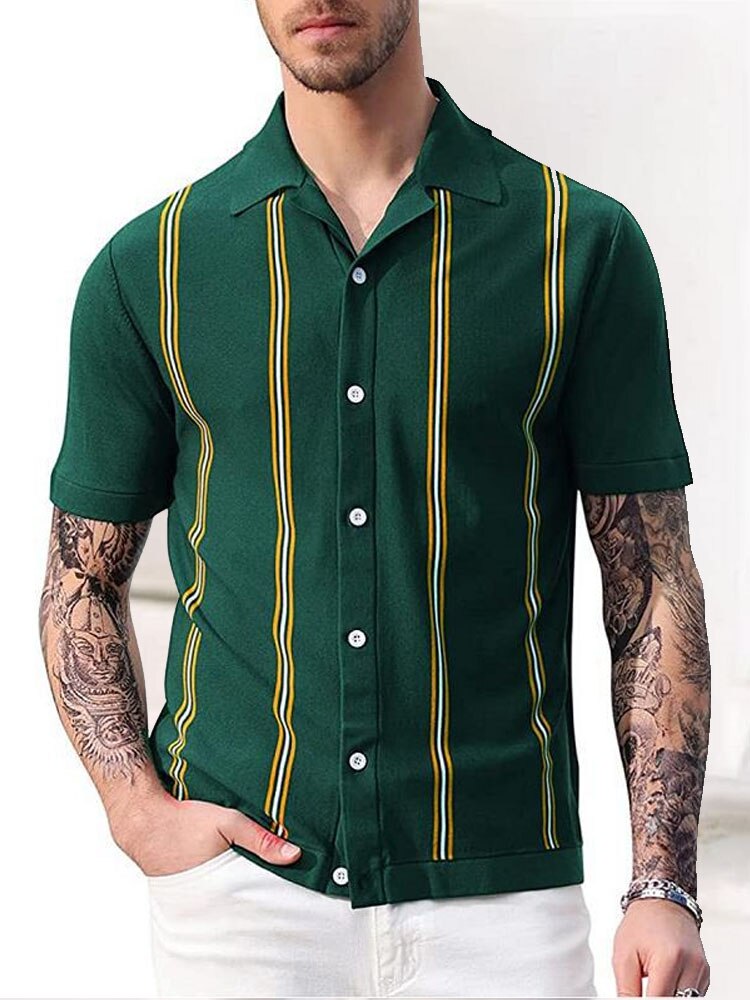 sanyamk Summer Short Sleeve Knitted Polo Shirt Casual Men Button-up Turn-down Collar Tops Mens Fashion Striped Polos Man Streetwear