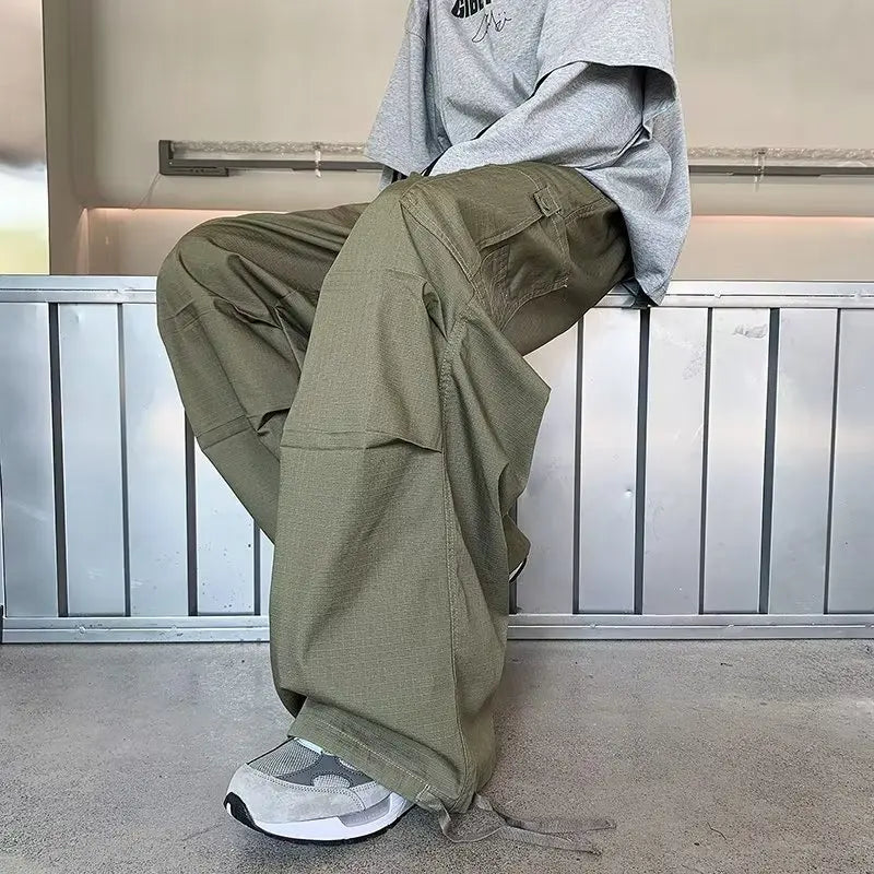 Bonsir Green Cargo Pants Men Japanese Oversize Wide Leg Trousers Male Black Loose Casual Streetwear Hip Hop Safari Style