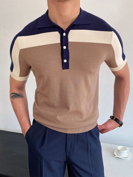 sanyamk Fashion Patchwork Men Polo Shirts Knitted Short Sleeve Slim Tops Pullover Spring Summer Men's Casual Turndown Collar Polos