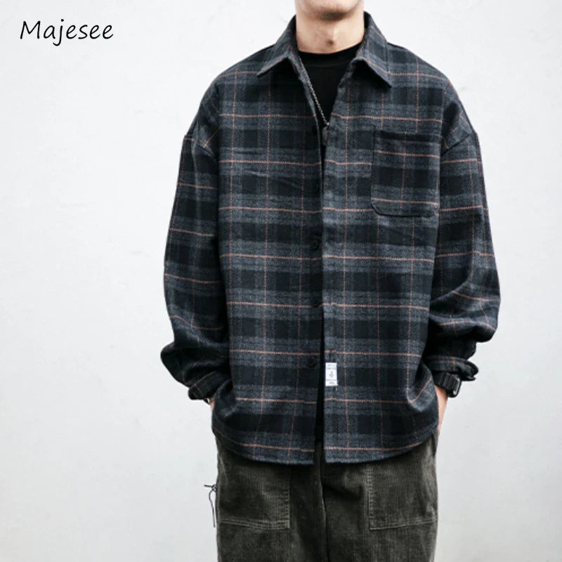 sanyamk Shirts for Men Chic Long Sleeve Casual Spring Autumn Daily Streetwear All-match Japanese Style Plaid Retro Fashion Outerwear