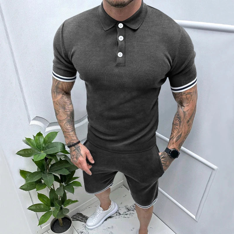 sanyamk  -  2024 Spring Summer Fashion Two Piece Suits Mens Short Sleeve Patchwork Polo Shirts And Shorts Sets For Men New Casual Outfits