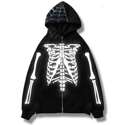 sanyamk Mens Black Streetwear Skull Hoodies Y2K Vintage Cardigan Skeleton Hoodie Men Oversized Zip Up Hooded Sweatshirt Tokyo Revengers