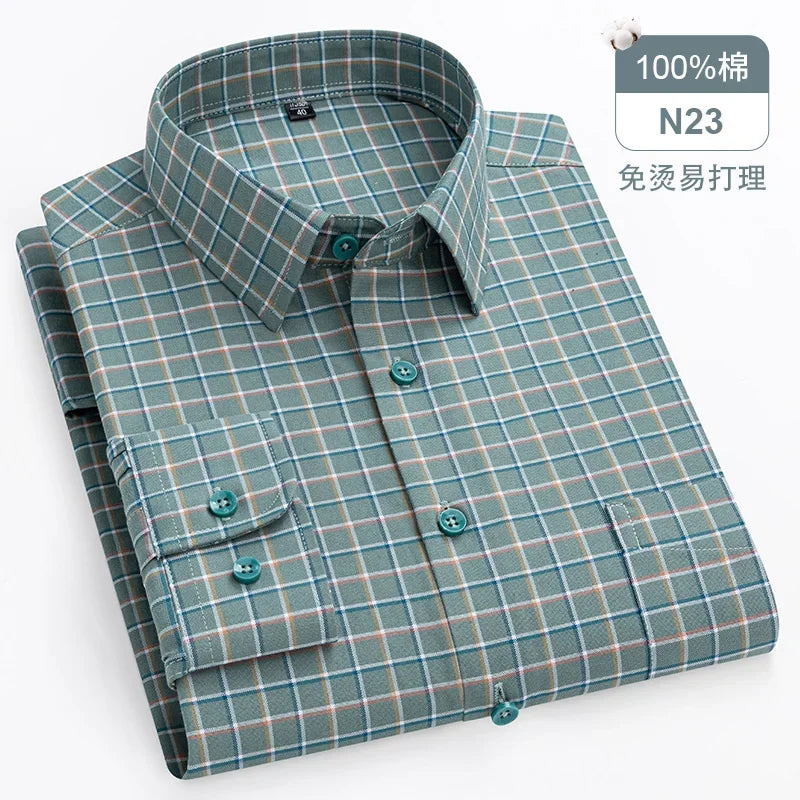 sanyamk Quality 100%Pure Cotton Men Long Sleeve Social Shirt for Oxford Shirt Men Plaid Striped Work Casual Shirt Male Regular-Fit S-8XL