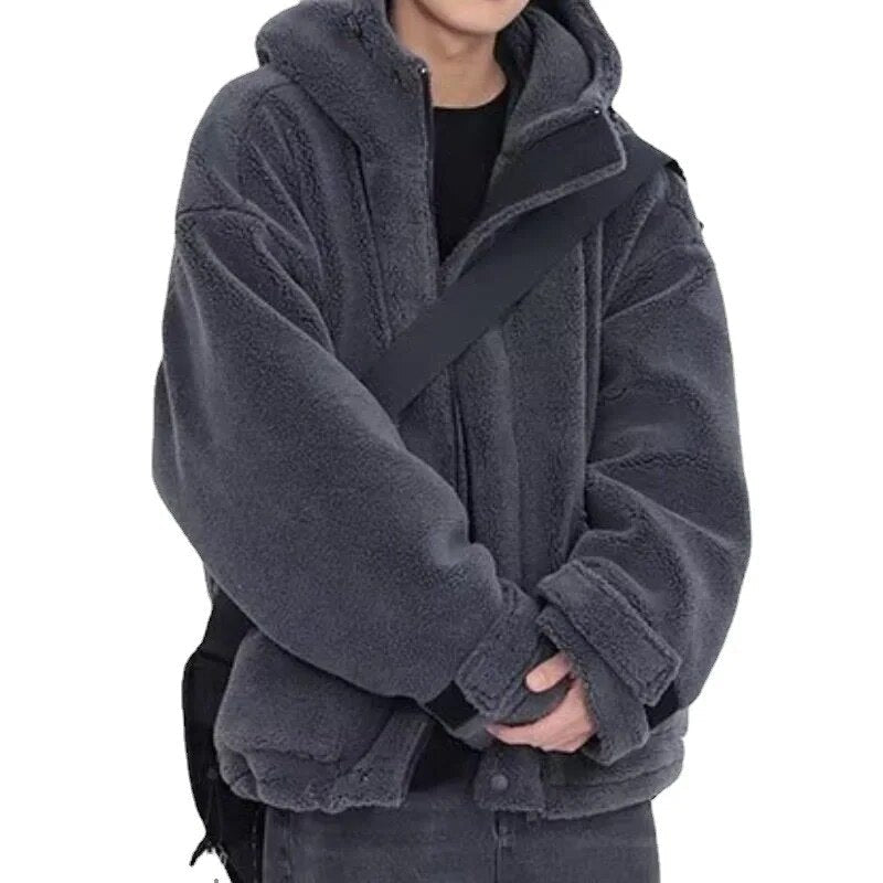 sanyamk Winter Thick Warm Oversized Dark Grey Sherpa Jackets Autumn Men Hoodie Zip Up Fluffy Loose Casual Faux Lamb Fur Male Coat