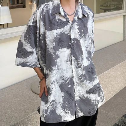 Bonsir Summer Short Sleeved Shirt Men Oversized Printed Casual Shirt Men Streetwear Korean Loose Tie Dye Shirts Mens Hawaiian Shirt