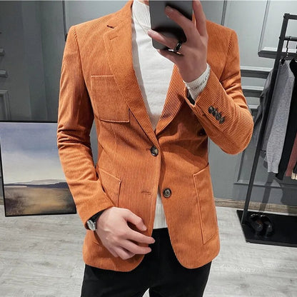 sanyamk British Style Fashion Men's Suit Jacket Slim Fit Handsome Suit Jacket Fashion Men's Business Jacket Corduroy Blazers Size S-3XL