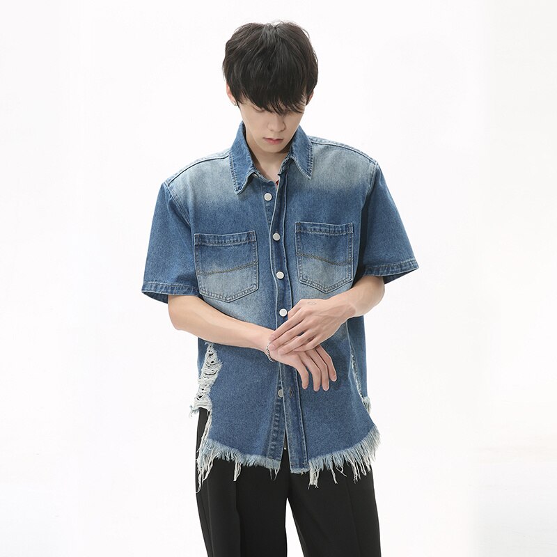 sanyamk High Street Men's Fashion Burrs Hole Denim Shirts Vintage Niche Desian Male Casual Short Sleeve Lapel Cardigan Coat