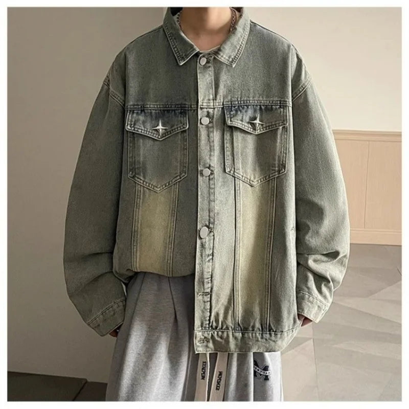 sanyamk Versatile Fashion Atutumn Winter Men's Solid Casual Loose Pockets Denim Jacket Retro Coat Cool Boys Patchwork Pockets