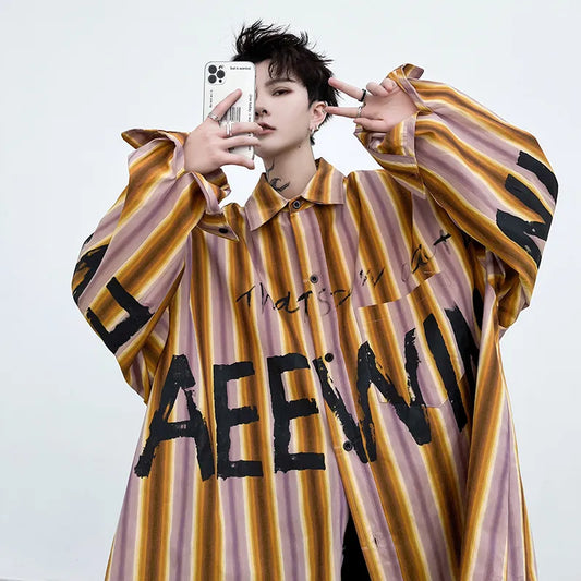 Bonsir American style fried street printed striped shirt Men's trendy brand long sleeved Korean version loose fitting high street