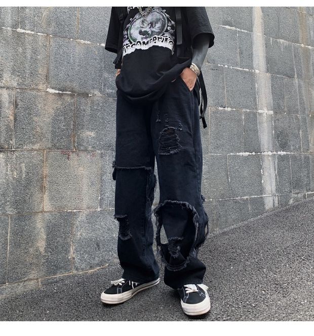 Bonsir High Street Dark Personality Destroys Raw Edge Fake Two Trendy Jeans Ripped Harajuku Punk Wide-leg Straight Denim Pants Black