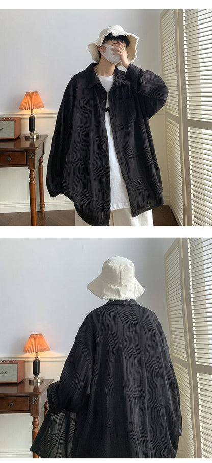 Bonsir Autumn Pleated Shirt Men Fashion 4-color Casual Ice Silk Shirt Mens Japanese Loose Long-sleeved Shirt Mens Large Size M-5XL