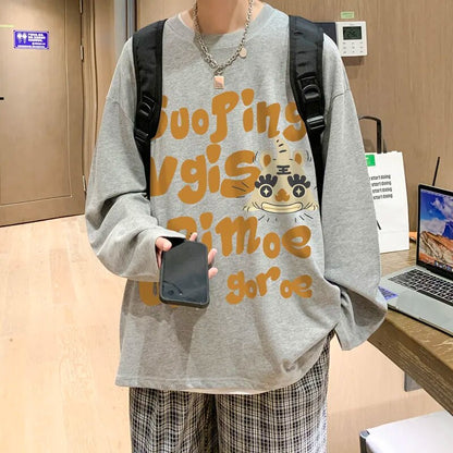 Bonsir Letter Printing O-Neck Sweatshirt Men's Autumn Retro Cartoon Graphic Tops Oversize Couple's Fit Harajuku Y2k Sweatshirt Up To5XL