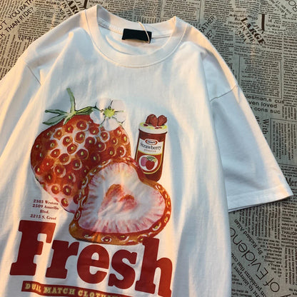 sanyamk  Fresh Strawberry American Retro Creative Printed Short Sleeved T-shirt Men Women Trendy Brand Loose Versatile Half Sleeved Shirt