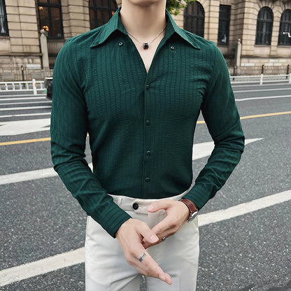 Bonsir Autumn Winter British Style V-neck Striped Shirt Men Slim Fit Casual Shirts Fashion Business Social Formal Dress Shirts 4XL