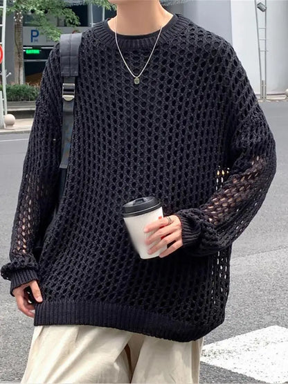 sanyamk Summer Y2k Hollow Out Loose Knitted T-shirt Man Geometic Vintage Casual See Though Male Pullover Sexy Vacaton Beach Jumper ﻿