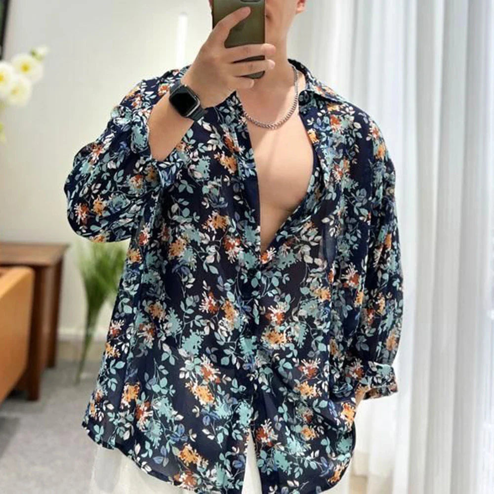 Bonsir Fashion Floral Shirt Summer New Thin See Through Shirts Outerwear Luxury Mens Clothing LGBT Casual Blouse Trendy Streetwear