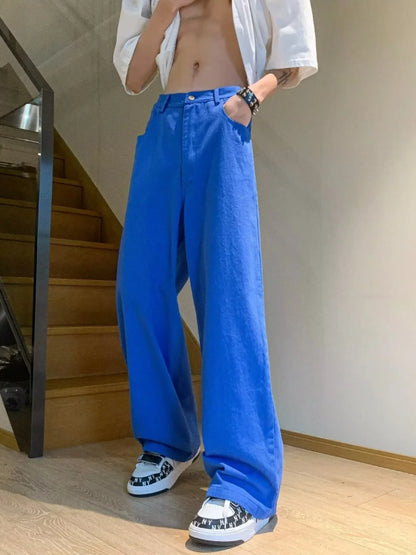 sanyamk Men Spring Summer Streetwear Vintage Wide Leg Jeans Mens Solid Color Casual Trousers Male Straight Baggy Denim Pants F375