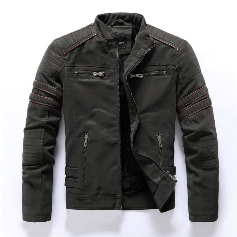 sanyamk Winter Motorcycle PU Leather Jacket Men Vintage Fleece Warm Multi-pocket Leather Coat Male Zipper Autumn Outwear Jackets