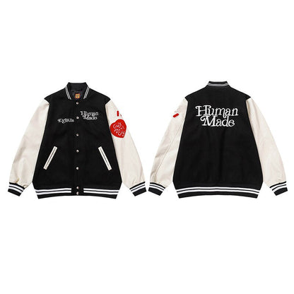 sanyamk Girls Don't Cry Letter Flocking Contrast Color Baseball Jackets for Men and Women Retro Stand Pu Leather Sleeve Winter Coat