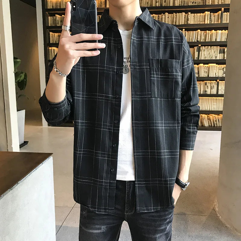 sanyamk Autumn and Winter Men's Loose Long-sleeved Shirt Jacket Top Lapel Pocket Thin Shirt Oversize Clothes for Men Student