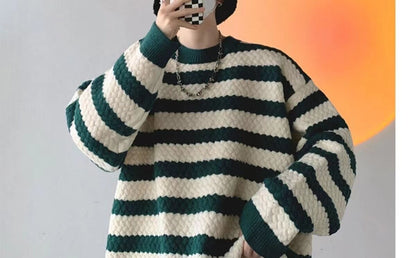 sanyamk Winter Men's Stripe Printing Coats Round Neck Wool Sweater Retro Loose Pullover Fashion Trend Thickened Knitting M-2XL