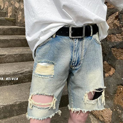 Bonsir Men's Summer Trendy Brand Black Brushed Ripped Jeans Hot Style Fashion Loose Cropped Pants Trendy All-match Street Casual Shorts