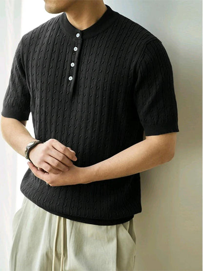 sanyamk  -  Stylish Mens Knitted T Shirt Summer Casual Solid Color Crew Neck Button Knit Pullover Tops Men Summer Vintage Knitting T-shirts