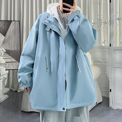 Bonsir New Solid Color Hooded Men Jackets Korean Streetwear Fake Two Piece Casual Man Outerwear Coats Autumn Loose Windbreakers