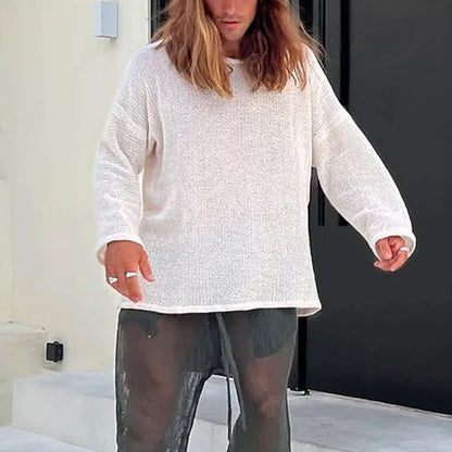 sanyamk  -  Sexy See Through Mesh T-shirts Men Casual O Neck Long Sleeve Hollow Out Tops Mens Vintage Solid Color Breathable Mesh T Shirt