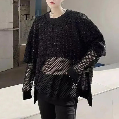 sanyamk Mens y2k sequin mesh stitching see-through sexy long-sleeved T-shirt autumn genderless nightclub fashion trend long top unisex