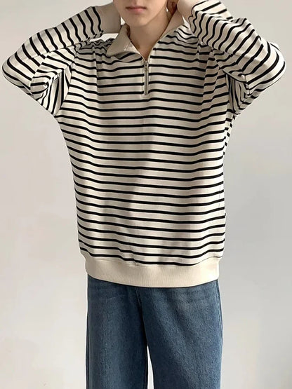 sanyamk  -  Striped Sweatshirts Men Chic High Street Loose O-Neck All-match Korean Style Casual Unisex Clothing Daily Simple Autumn College