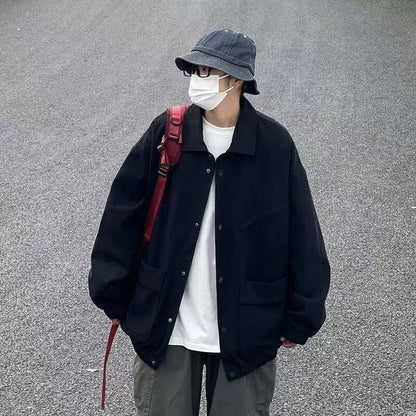 sanyamk Men's Japanese Vintage Lapel Collar Cargo Jackets Work Clothes Harajuku Loose Casual Coats Solid Color Outerwear M-2XL