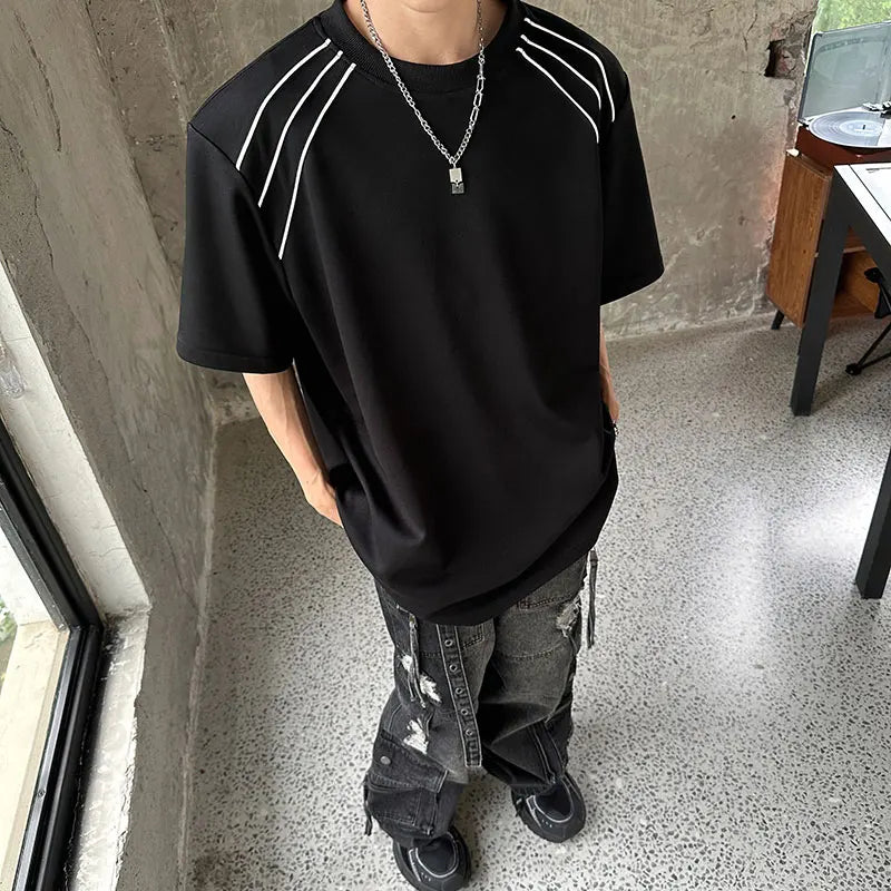 sanyamk  -  Men T-shirt Striped Shoulder Pad Short Sleeve Tee Fashion Oversized t-shirts for men Korean Style Hip Hop Clothes Black White