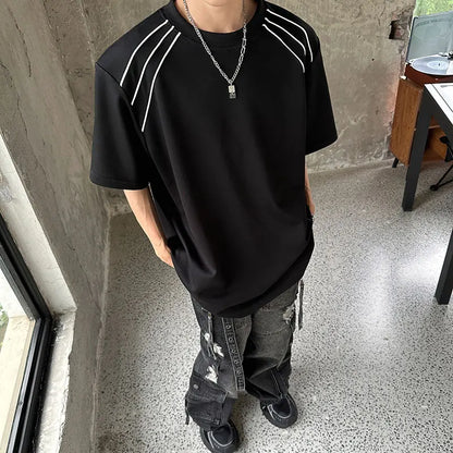 sanyamk  -  Men T-shirt Striped Shoulder Pad Short Sleeve Tee Fashion Oversized t-shirts for men Korean Style Hip Hop Clothes Black White