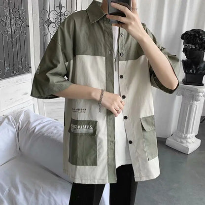 sanyamk Elegant Fashion Shirts Loose Solid Patchwork Casual Turn-down Collar Short Sleeve Pockets Spring Summer Thin Men's Clothing