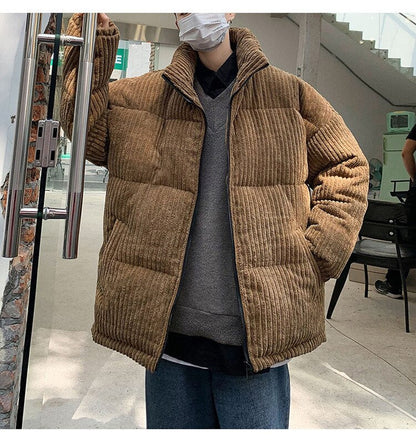 Bonsir Corduroy Winter Coat Men Puffer Jacket Autumn and Winter New Korean Style Long Ladies Over-the-knee Cotton Padded Keep Warm