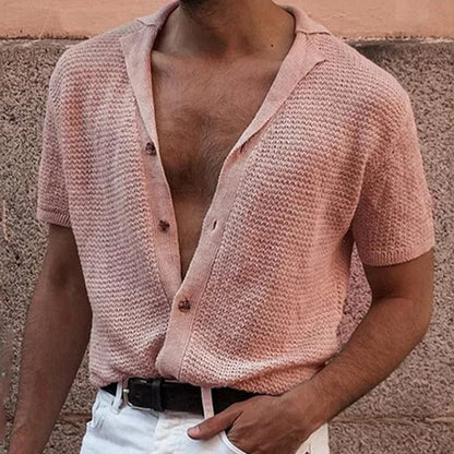 sanyamk 2024 summer Men's Knitted Shirt  Cool Silk Fabric Short Sleeve Buttons Thin Loose Shirts For Men Vintage Mens Clothing Tops