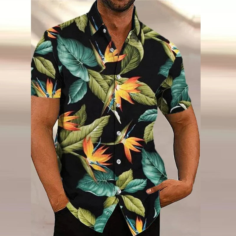 Bonsir Casual Floral Print Mens Shirt Spring Summer Short Sleeve Loose Leisure Tops Streetwear Men Fashion Buttoned Lapel Tops Clothes