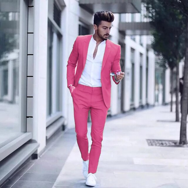 sanyamk Latest Design Mens Luxurious Business Men's Suit for Wedding Party Tuxedos Slim Fit Peak Lapel Pink Suits Male(Jacket+Pants)
