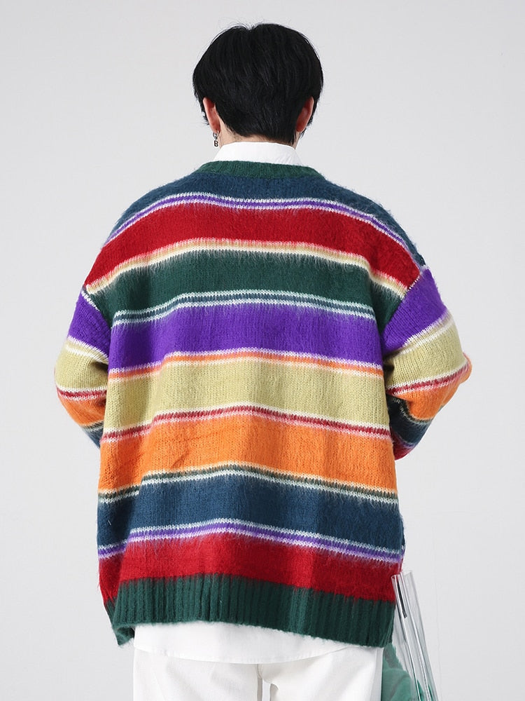 Bonsir Men's Pullover Autumn Winter New American Rainbow Stripe Contrast Round Neck Sweater Casual  Long Sleeve Male Tops