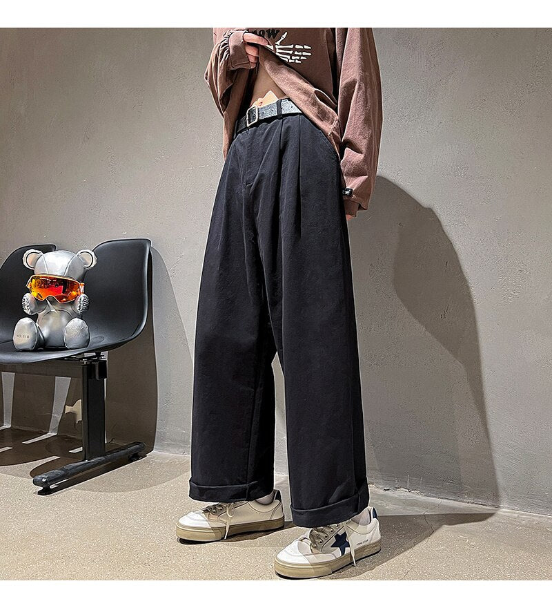 Bonsir Cotton Oversized Casual Pants Men Fashion Loose Wide Leg Pants Men Japanese Streetwear Hip Hop Straight Pants Mens Trousers