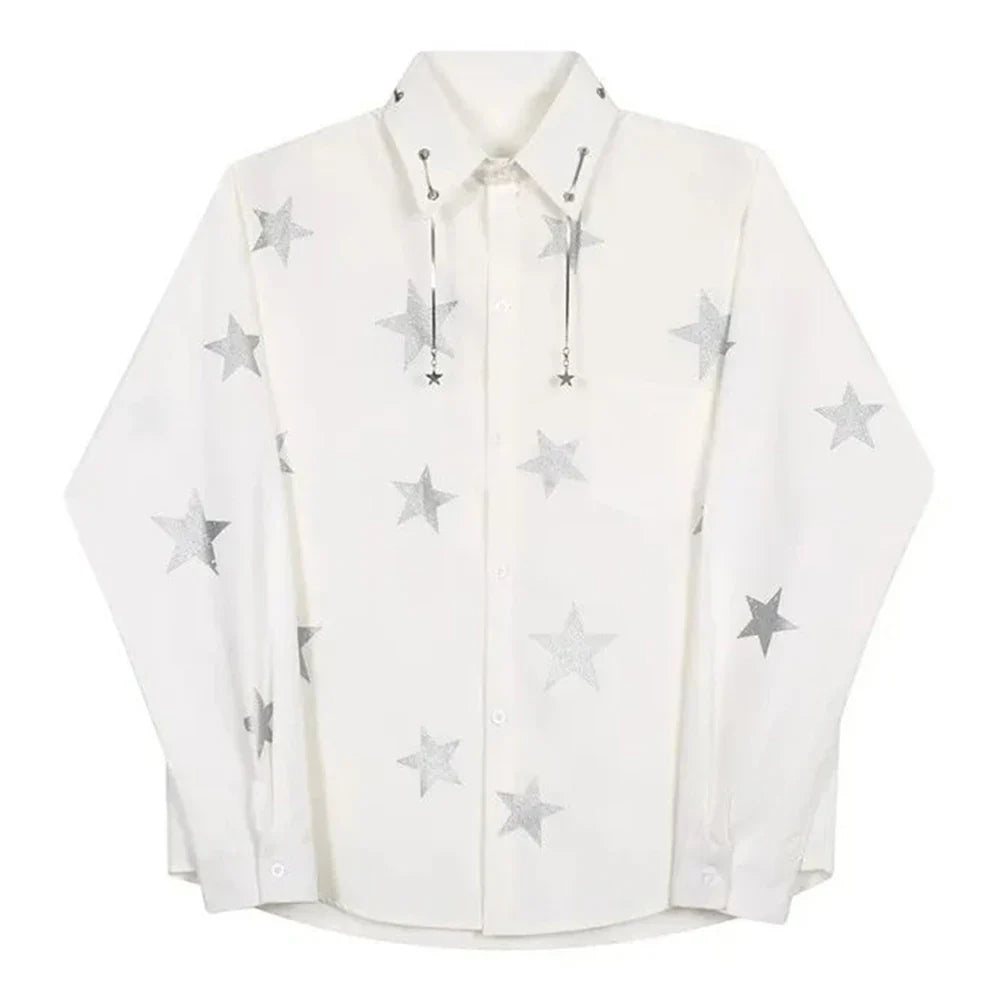 sanyamk Mens Y2k Casual Five-Pointed Star Printed Shirt Autumn Genderless Fashion Trend Personalized Versatile Long-Sleeved Shirt Unisex