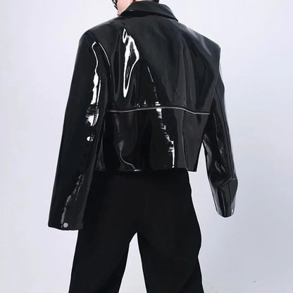 sanyamk Mens Jacket Shiny Leather Jacket Handsome Performance Stage Outfit Autumn Elegant British Excellent Patent Leather Jacket