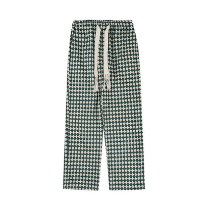 Bonsir Checkerboard Casual Pants Men's Street Tide Brand Elastic Waist Green Plaid Wide Leg Pants Drawstring Drape Sports Trousers