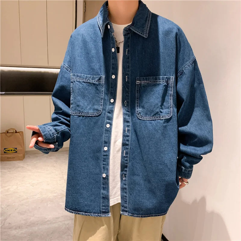 sanyamk Autumn ins high street cowboy shirt men's design inside couple simple long sleeve outside Lapel shirt Denim camisa jeans