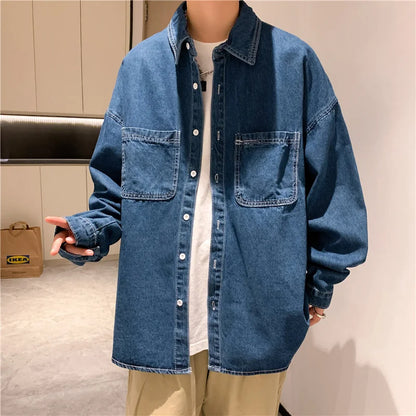 sanyamk Autumn ins high street cowboy shirt men's design inside couple simple long sleeve outside Lapel shirt Denim camisa jeans