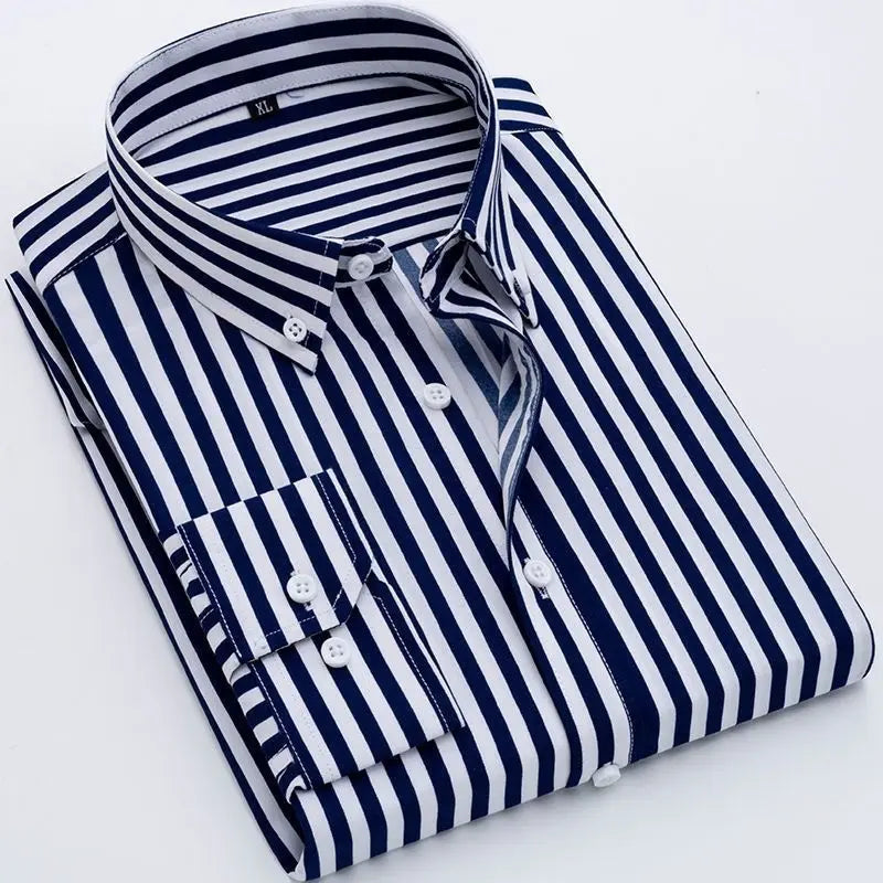 sanyamk New Spring and Autumn Long Sleeve Slim Fit Thin Casual Business Stripe Polo Collar Panel Button Pocket Oversize Men's Shirt